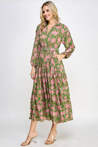 Patrick Pink Floral Long Sleeve Collar Belted Midi Dress