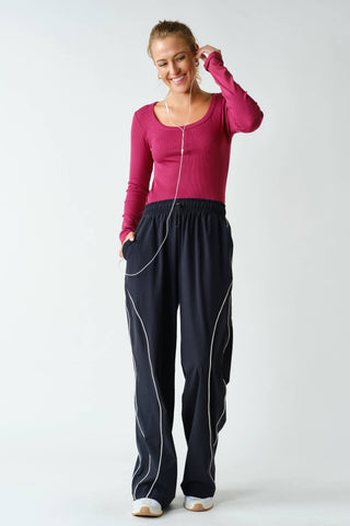Slim Fit Scoop Neck Micro-Ribbed Long Sleeve Top