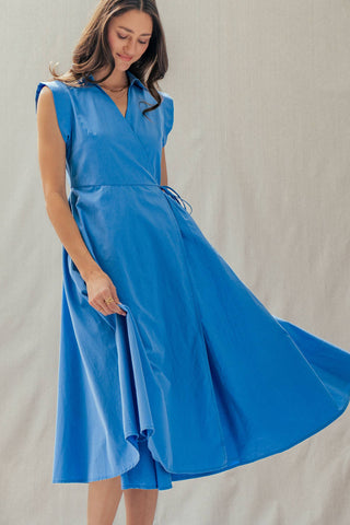 Collared Cap Sleeve Wrap Midi Dress