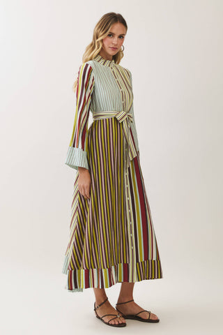 Mixed Stripe Belted Shirt Maxi Dress