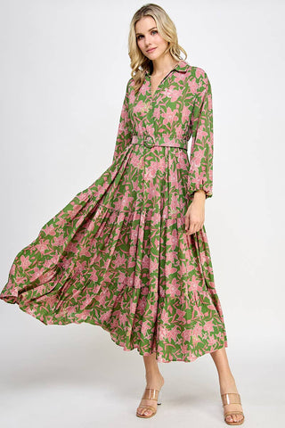 Patrick Pink Floral Long Sleeve Collar Belted Midi Dress