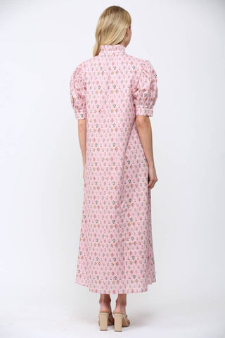 Ruffled Mock Neck Button Down Maxi Dress