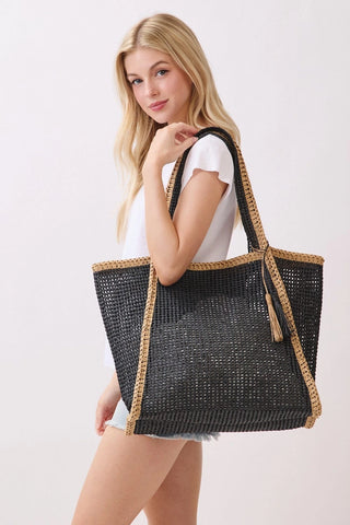 Two Tone Woven Straw Beach Tote Bag