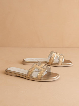 The Ena | Gold H Cutout Raffia Slide