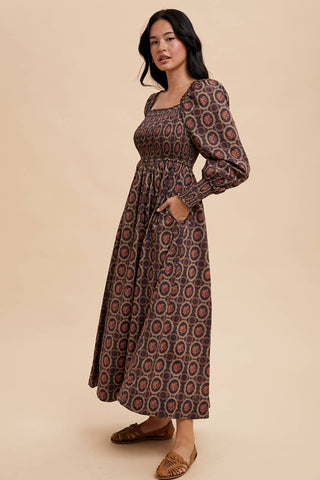 SMOCKED SQUARE NECK MAXI DRESS