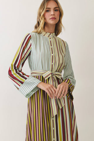 Mixed Stripe Belted Shirt Maxi Dress