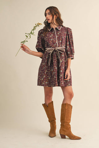 BLANKET STITCH PUFF SLEEVE FLORAL MINI DRESS