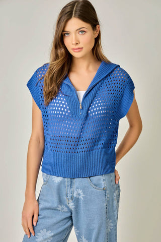 Fishnet Zip-Up Short Sleeve Sweater