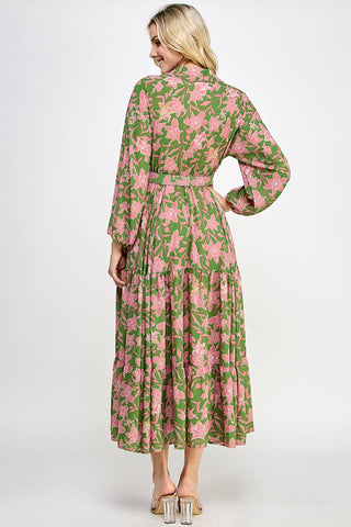 Patrick Pink Floral Long Sleeve Collar Belted Midi Dress