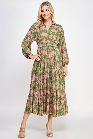 Patrick Pink Floral Long Sleeve Collar Belted Midi Dress