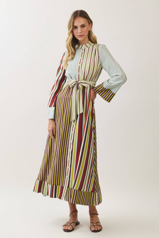 Mixed Stripe Belted Shirt Maxi Dress