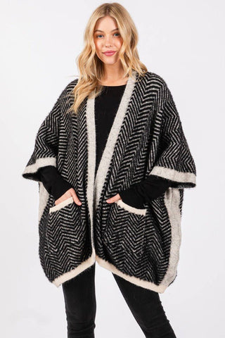 Fuzzy Herringbone Knit Kimono With Pockets