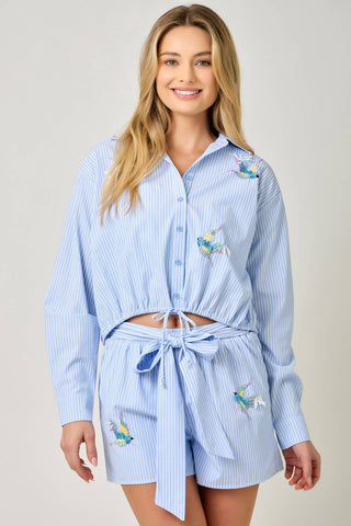 Poplin Pinstripe Hummingbird Sequin Shirt