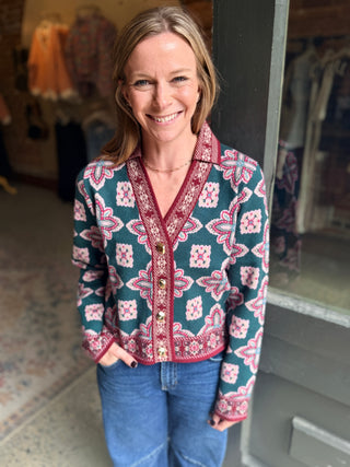 Cline Geometric Print Cardigan with Gold Buttons