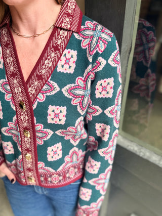 Cline Geometric Print Cardigan with Gold Buttons