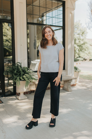 Round Neck Cap Sleeve Linen Blouse