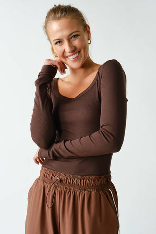 Slim Fit Scoop Neck Micro-Ribbed Long Sleeve Top