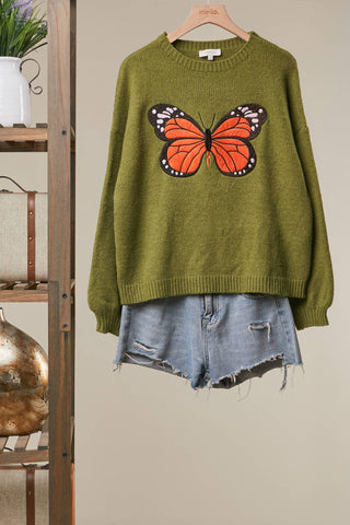 Embroidered Butterfly Crewneck Sweater