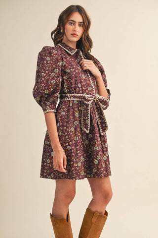 BLANKET STITCH PUFF SLEEVE FLORAL MINI DRESS