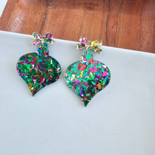 Christmas Ornament Earrings - Green Sparkle // Holiday