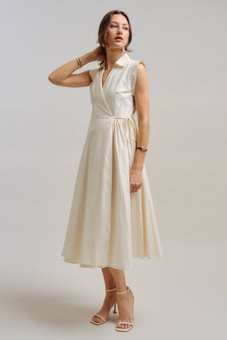 Collared Cap Sleeve Wrap Midi Dress