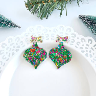 Christmas Ornament Earrings - Green Sparkle // Holiday