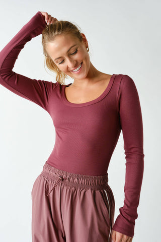 Slim Fit Scoop Neck Micro-Ribbed Long Sleeve Top