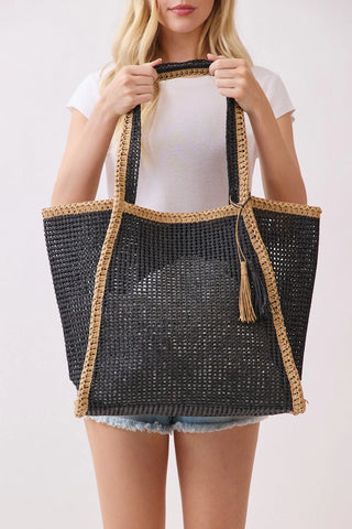 Two Tone Woven Straw Beach Tote Bag