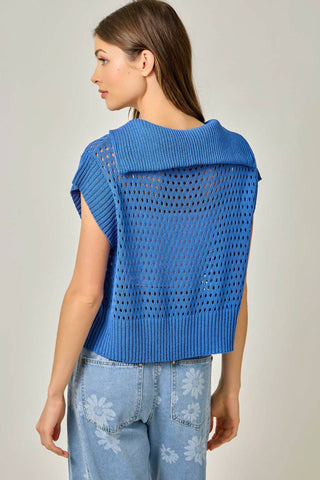 Fishnet Zip-Up Short Sleeve Sweater