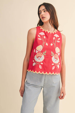 FLORAL EMBROIDERY SCALLOPED TANK