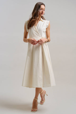 Collared Cap Sleeve Wrap Midi Dress