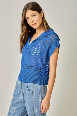Fishnet Zip-Up Short Sleeve Sweater