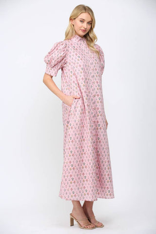 Ruffled Mock Neck Button Down Maxi Dress