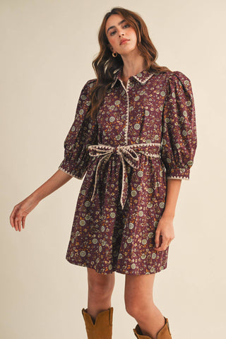 BLANKET STITCH PUFF SLEEVE FLORAL MINI DRESS