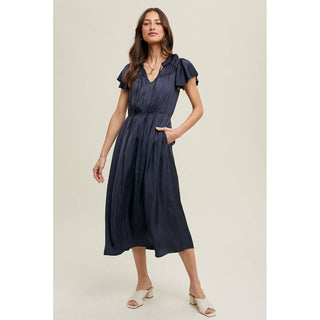 Satin Ruffle Sleeve Midi Dress