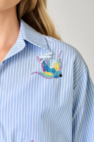 Poplin Pinstripe Hummingbird Sequin Shirt