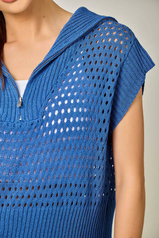 Fishnet Zip-Up Short Sleeve Sweater