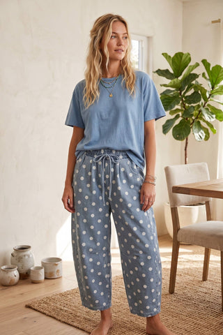 Polka Dot Denim Barrel Pants