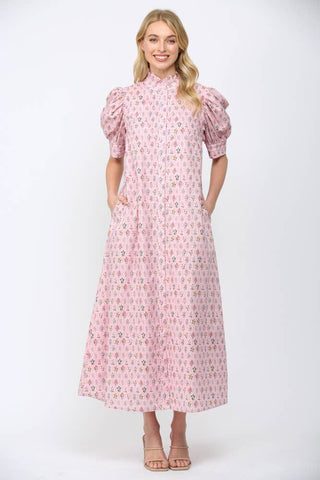 Ruffled Mock Neck Button Down Maxi Dress