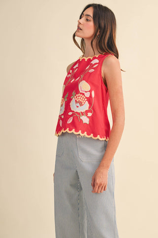 FLORAL EMBROIDERY SCALLOPED TANK