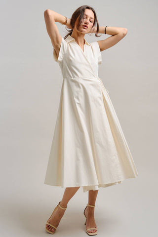 Collared Cap Sleeve Wrap Midi Dress