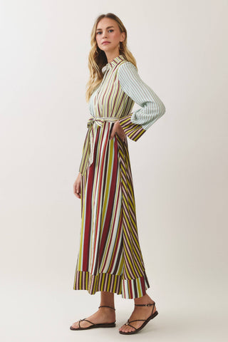 Mixed Stripe Belted Shirt Maxi Dress
