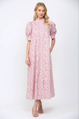 Ruffled Mock Neck Button Down Maxi Dress