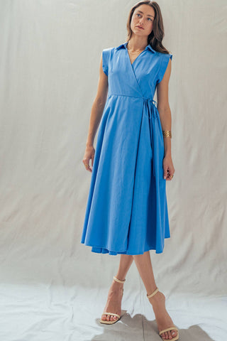 Collared Cap Sleeve Wrap Midi Dress
