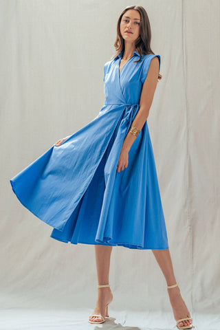 Collared Cap Sleeve Wrap Midi Dress