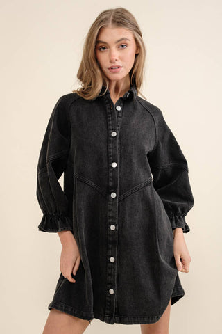 Washed Denim Puff 3/4 SLV Button Up Shirt Dress