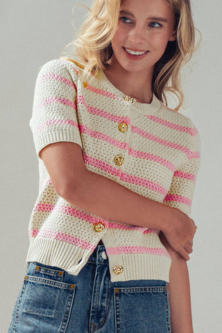 Retro  Striped Textured Knit Button-Up Top