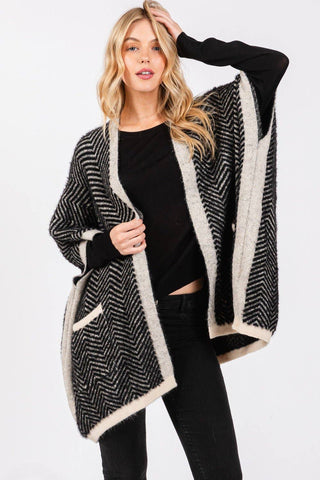 Fuzzy Herringbone Knit Kimono With Pockets