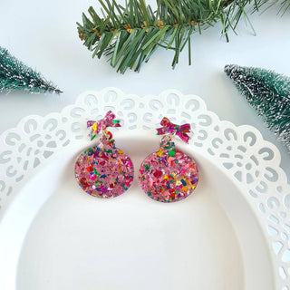 Christmas Ornament Earrings - Light Pink Sparkle // Holiday