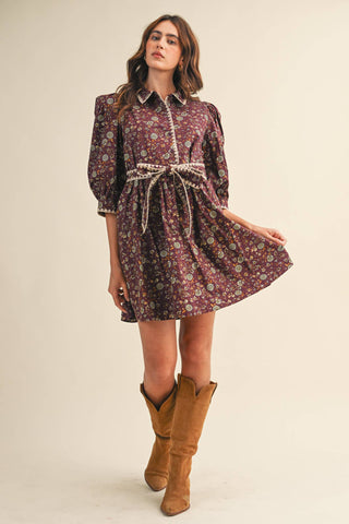 BLANKET STITCH PUFF SLEEVE FLORAL MINI DRESS